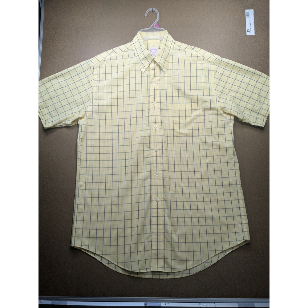 Brooks Brothers 346 Mens Yellow Blue Check Short Sleeve Non-Iron Cotton Shirt M
